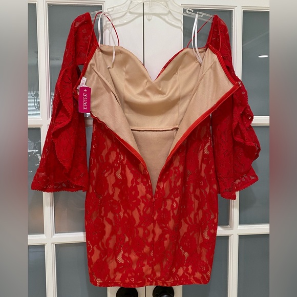A'GACI Women's Red Lace Off The Shoulder Long Flutter Sleeve Mini Dress Size S - Picture 11 of 14